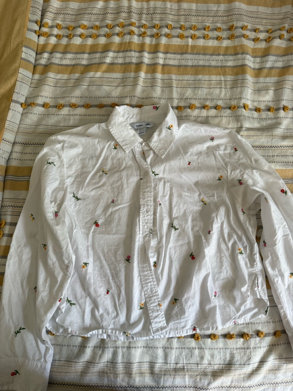 White Embroidered Floral Button-Down Shirt cropped